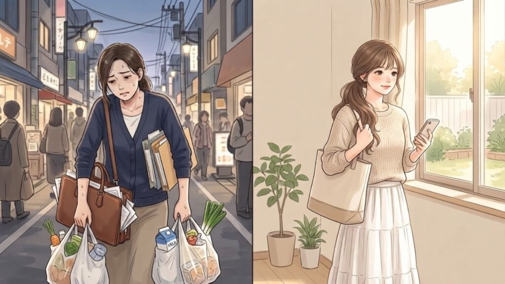 荷物を抱え込み疲れた状態と、必要なものだけを持ち身軽になった状態の比較イメージ