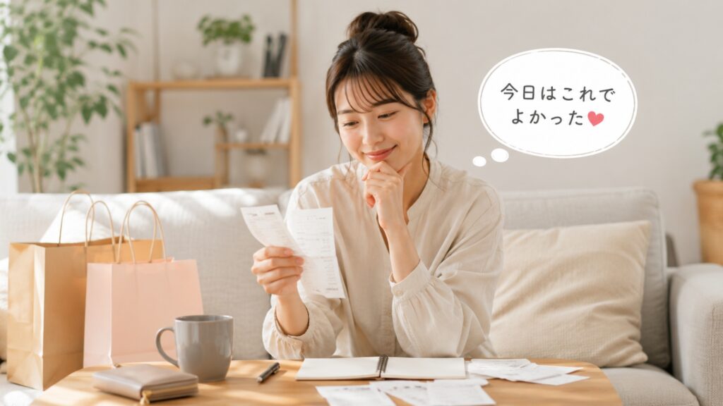買い物後にレシートを確認し、お金の使い方に納得している女性