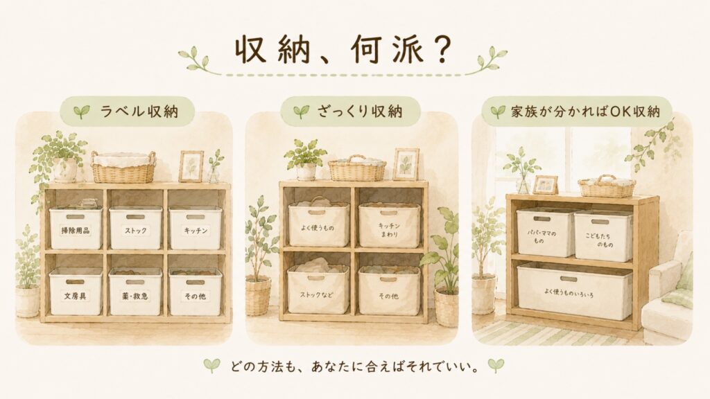 ラベル収納・ざっくり収納・家族が分かればOK収納を比較したイラスト