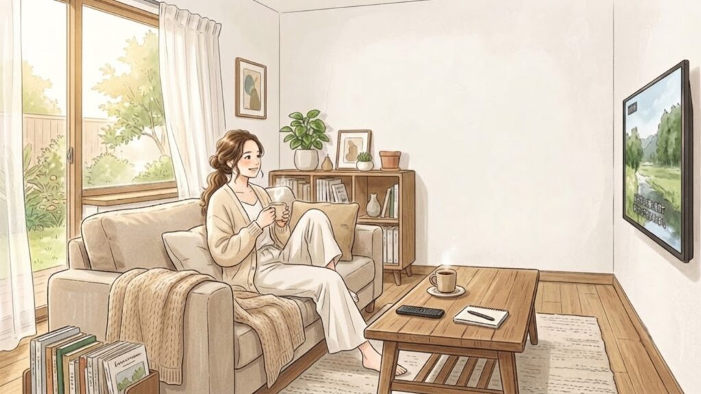 温かい飲み物を片手にソファでくつろぎ、自分を整える時間をイメージしたイラスト