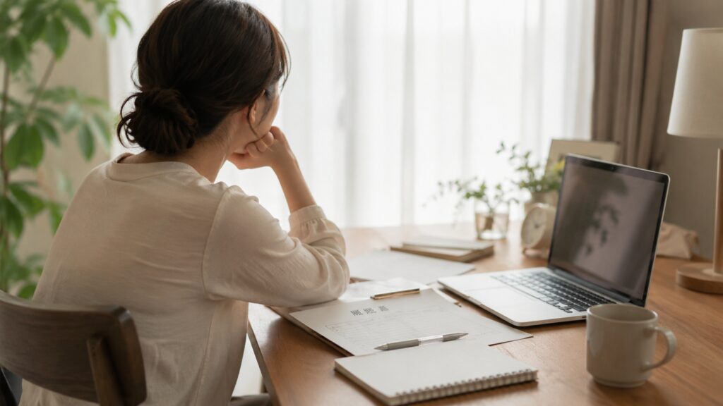 お金や将来について考えながら、現在地を見つめ直す女性のイメージ