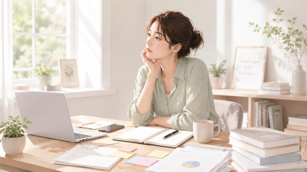 本当に大切なことを選ぶために、ノートを見ながら考える女性