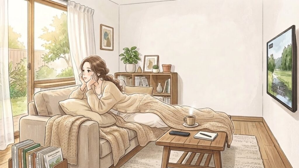 ソファで休みながらも考え事が止まらない女性