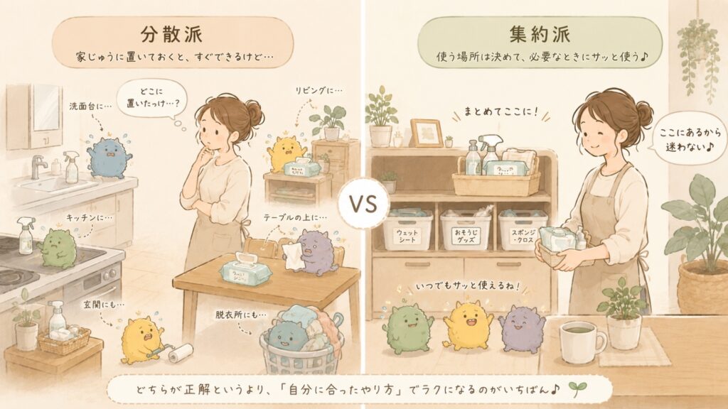 掃除道具を家中に置く分散派と、一か所にまとめる集約派を比較したイラスト