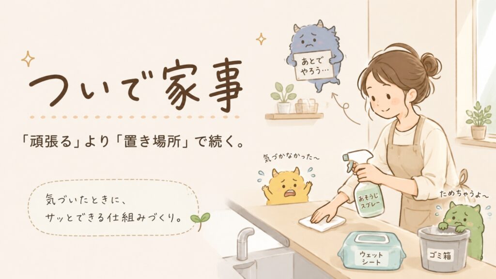 掃除道具の置き場所を工夫して、無理なく続く「ついで家事」の仕組みをイラストで表現したアイキャッチ