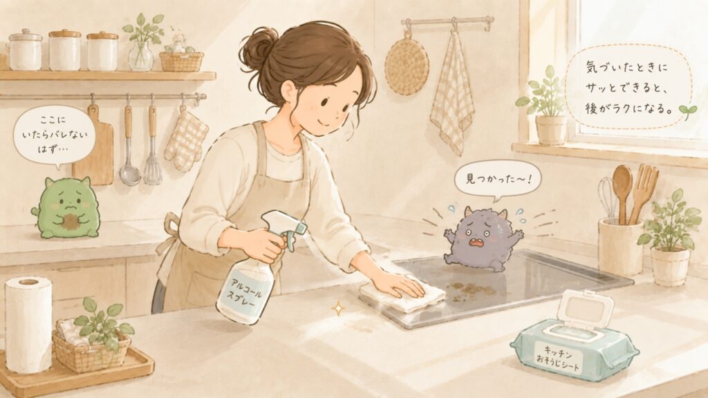 キッチンでアルコールスプレーとウェットシートを使い、ついで掃除をする女性のイラスト