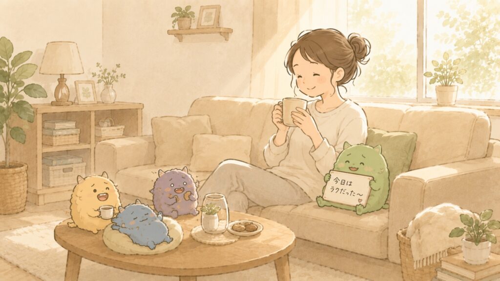 家事が自然に終わり「今日はラクだった」と感じながら味方モンスターとくつろぐ女性のイラスト