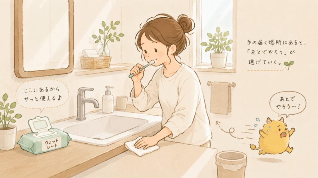 歯磨きのついでに洗面台をサッと拭く女性。手の届く場所に掃除道具を置くことで続けやすくなるイメージ
