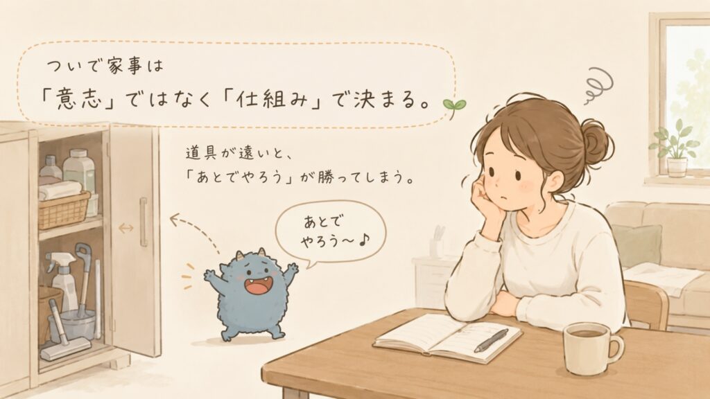 掃除道具の置き場所と「あとでやろう」モンスターをイラストで表現した、ついで家事の仕組みづくりのイメージ