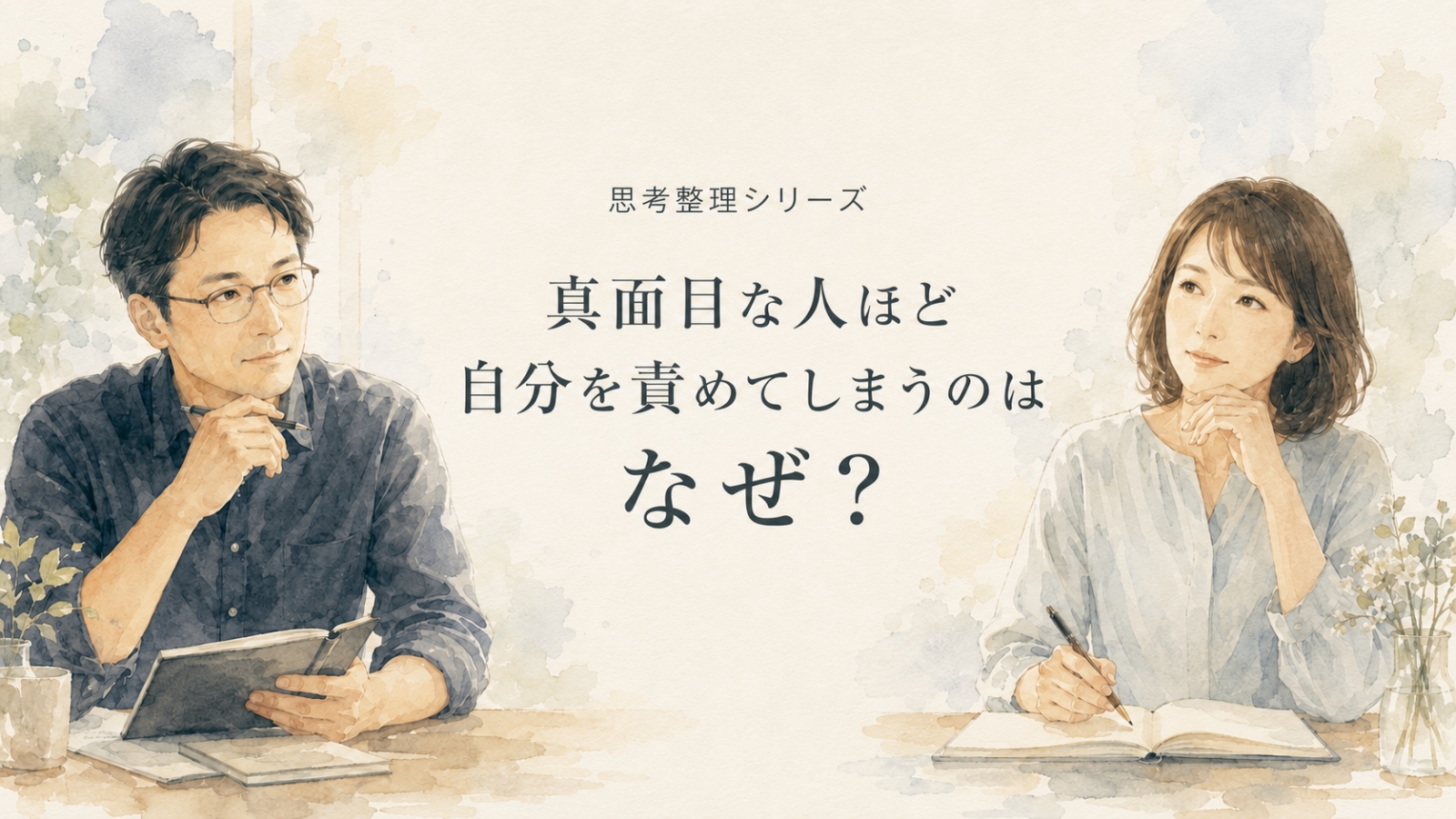 真面目な人ほど自分を責めてしまうのはなぜ?と考え込む男女のイラスト