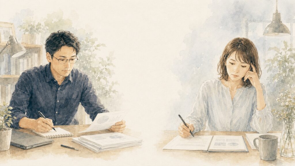 仕事や資料作成に真剣に向き合い、考え込んでいる男女のイラスト