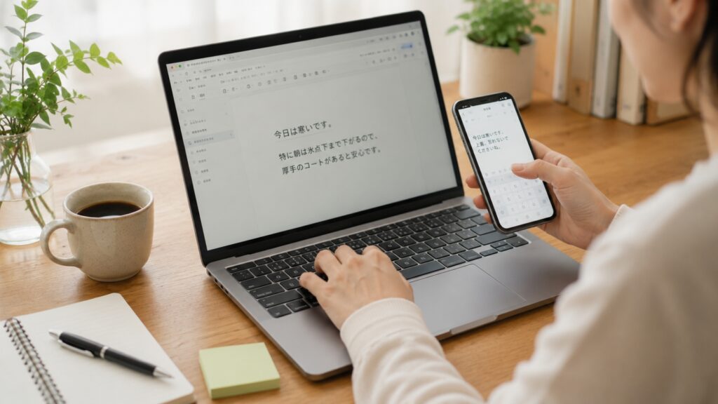 パソコンとスマートフォンで文章を作成している手元