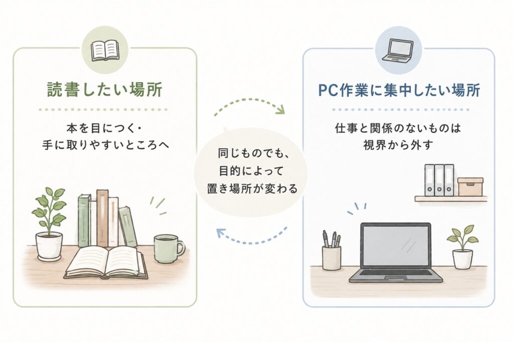 読書したい場所とPC作業に集中したい場所で異なるものの置き方