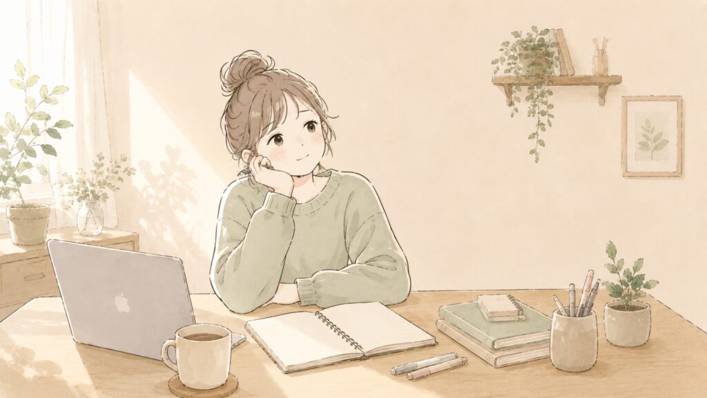 明るい机でノートを開き、自分が動けたときの条件を振り返っている女性