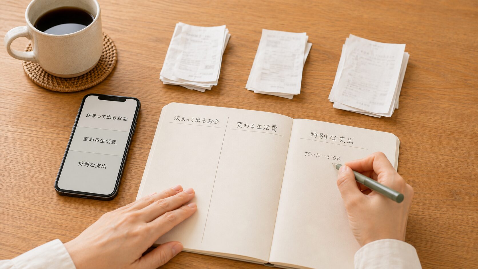 今月の支出を3つに分けてメモする様子