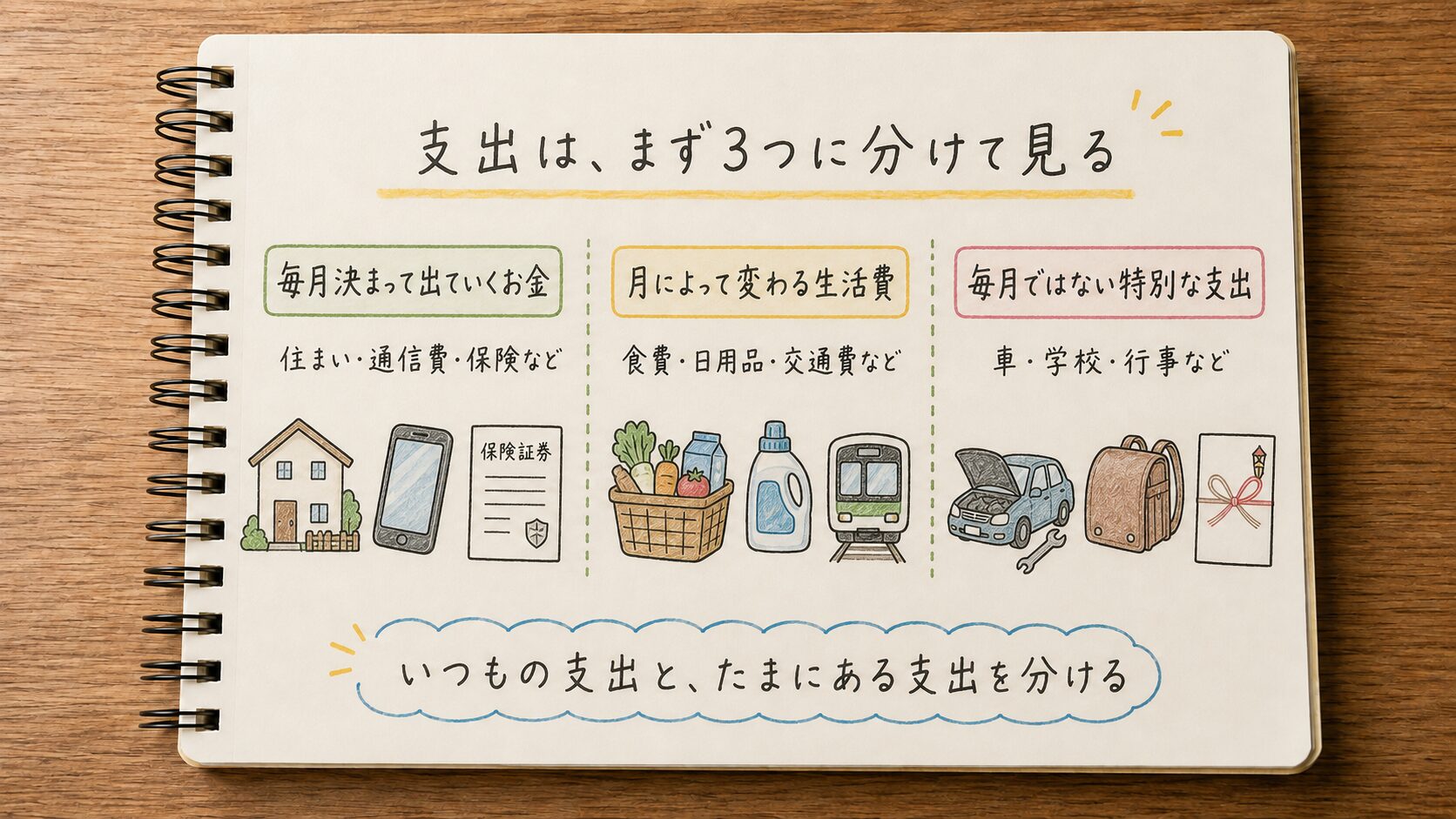 家計の支出を毎月決まるお金・変わる生活費・特別な支出の3つに分けた図