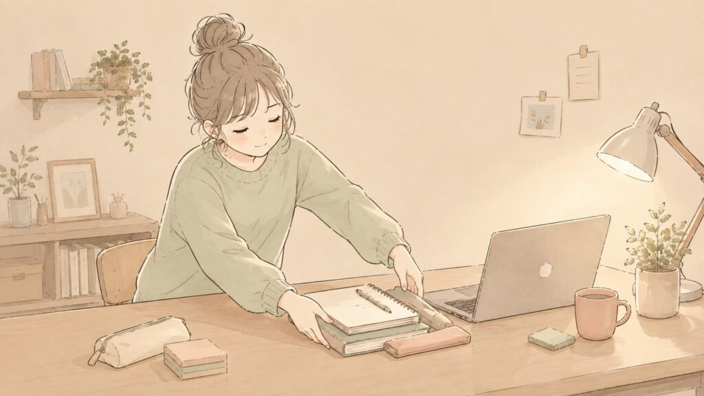 次に行動しやすいよう机の上のノートや教材を準備している女性