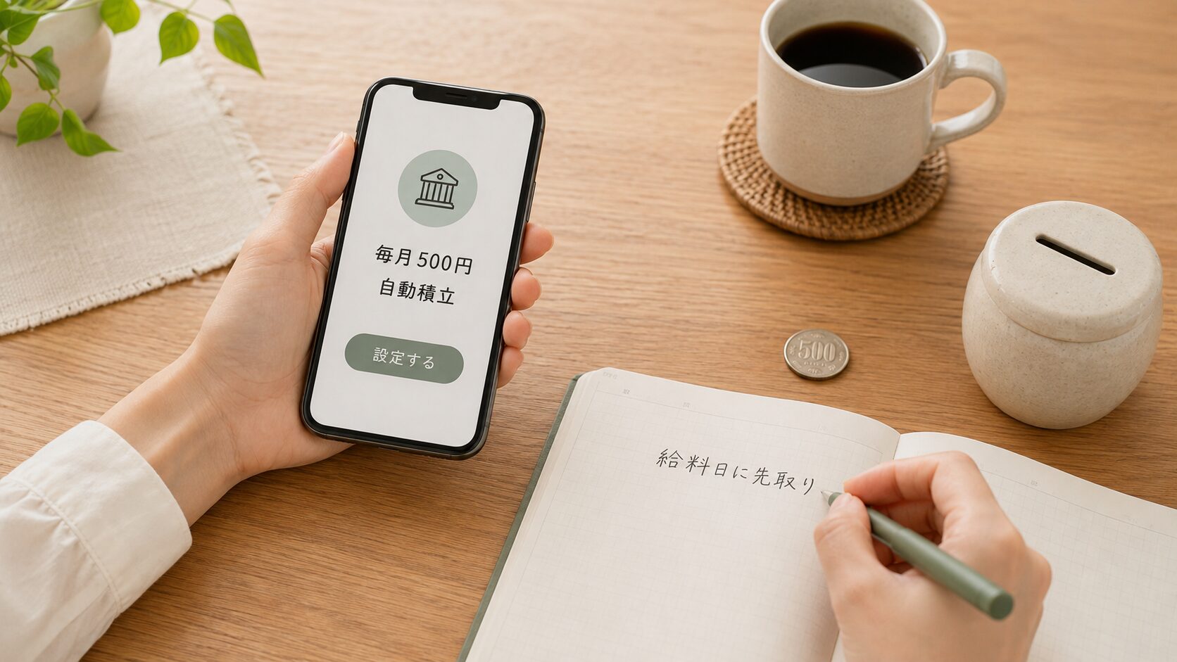 スマートフォンで毎月500円の自動積立を設定する様子
