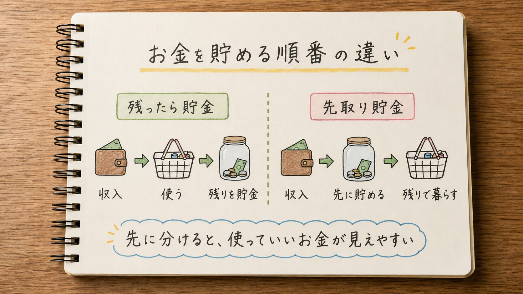 「残ったら貯金」と先取り貯金のお金を貯める順番の違い