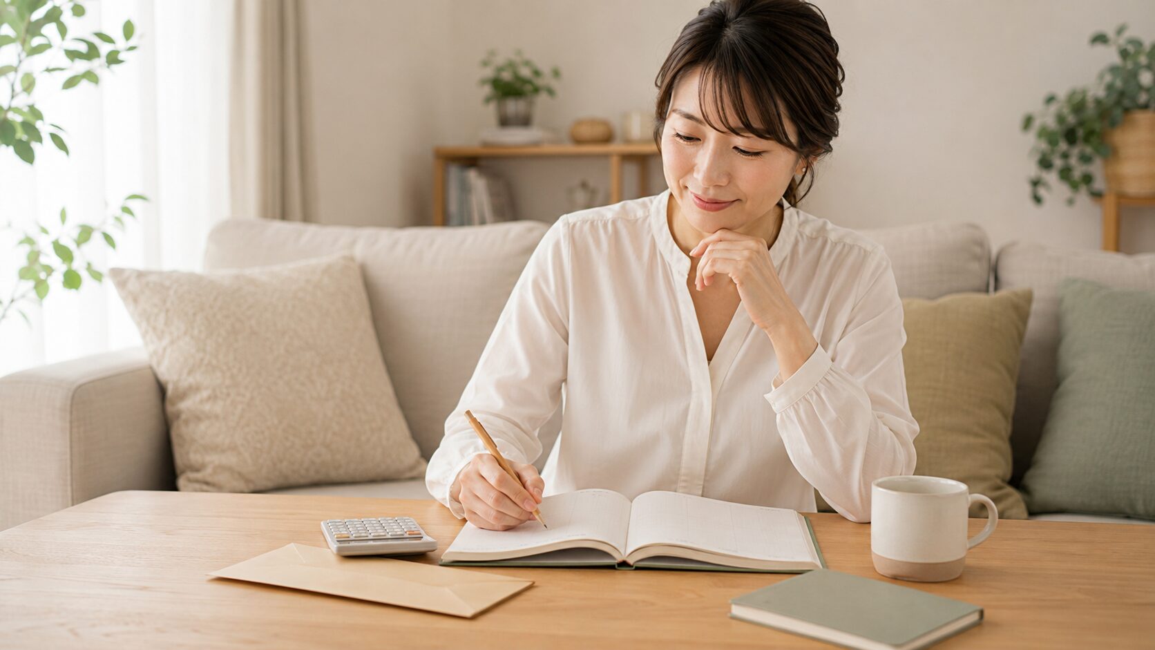 家計簿を見ながら先取り貯金の金額と仕組みを見直す女性