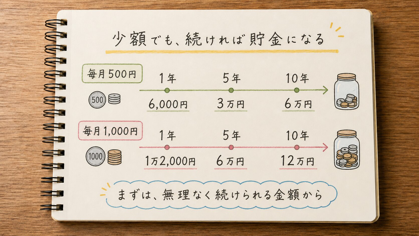 毎月500円と1,000円を1年・5年・10年続けた場合の貯金額