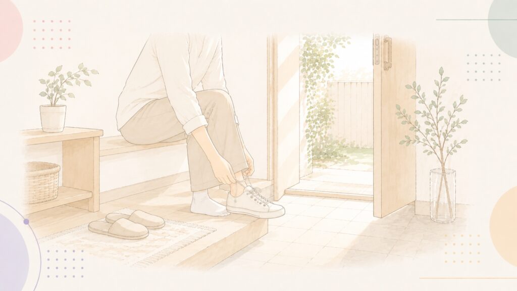 「どうせ」と思いながらも、小さな一歩を踏み出すために靴を履く様子