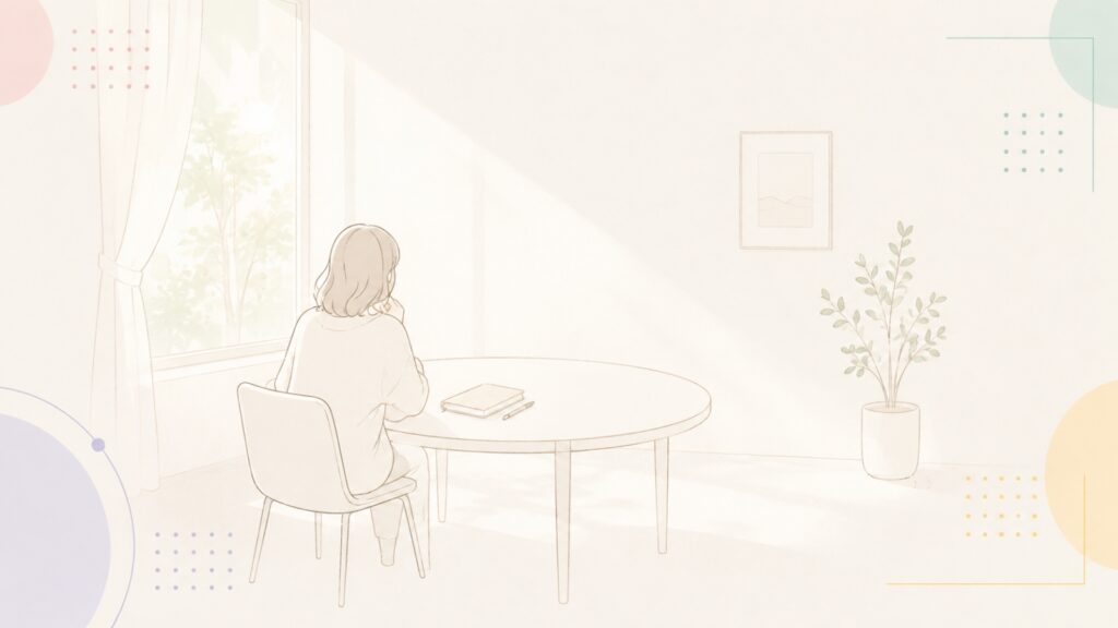 朝の光が差し込む窓辺で、立ち止まって考える人のイラスト