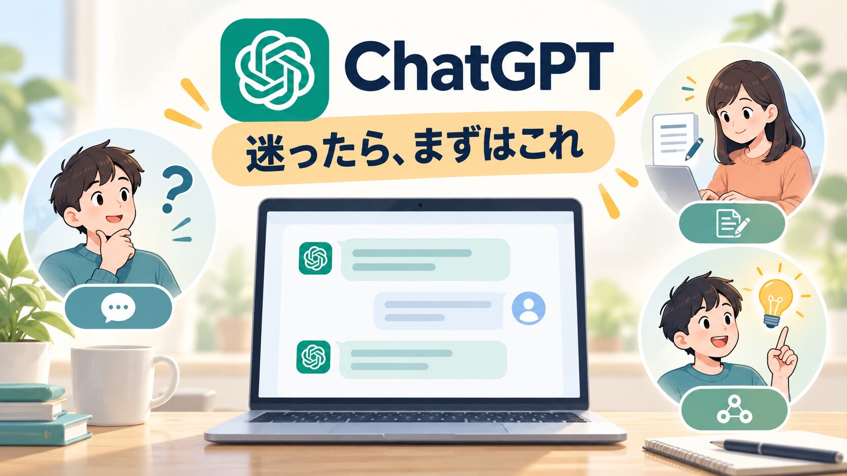 ChatGPTで相談や文章づくりを始める説明イラスト