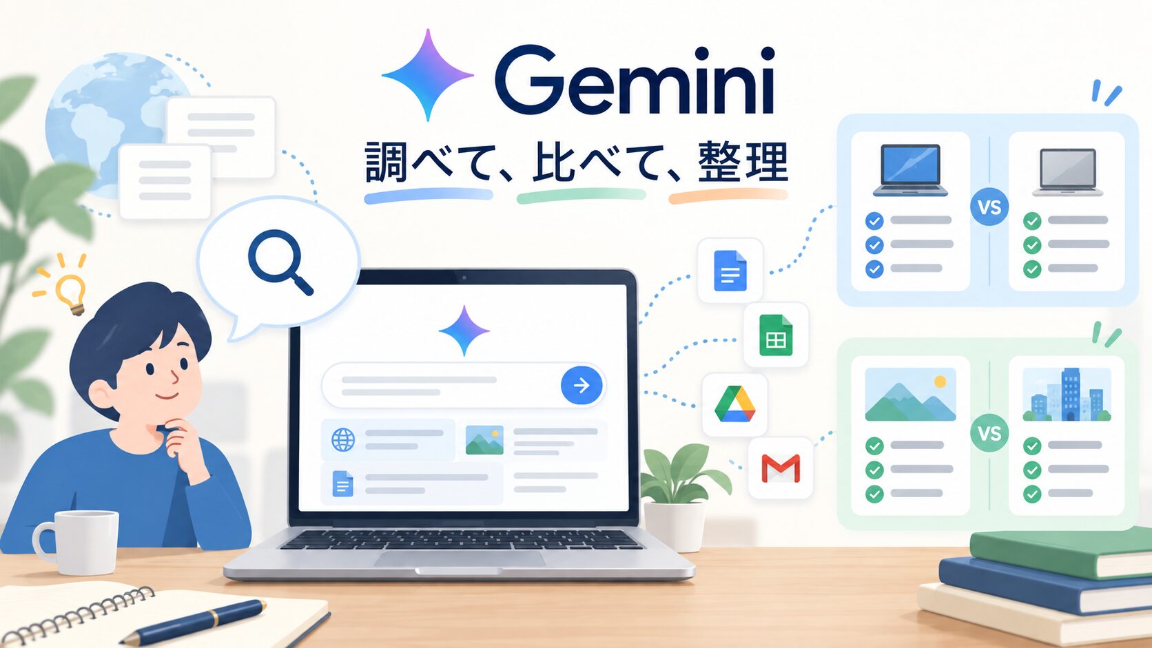 Geminiで調べものや比較をする説明イラスト